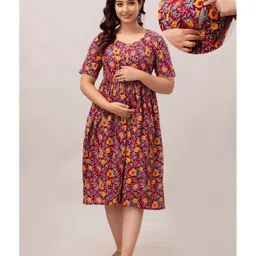 CeleBravo Pure Cotton Half Sleeves Floaral Printed Maternity Dress With Nursing Access - Red-image-32