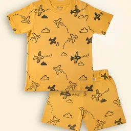 Lil' Roos Cotton Knit Half Sleeves Aeroplanes Printed Coordinating Tee & Shorts Set - Ochre Yellow-picture-10