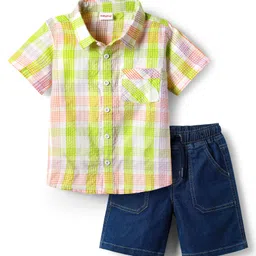 Babyhug Cotton Woven Half Sleeves Checks Shirt & Denim Shorts Set - Navy Blue-image-87