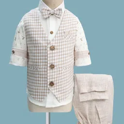 Rikidoos Full Sleeves Checked & Leaves Printed 3 Piece Party Suit With Bow Set - White & Beige-picture-12
