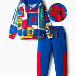 OLLINGTON ST. Cotton Knit Full Sleeves Floral Printed Hoodie Sweatshirts & Joggers Set - Multicolor & Royal Blue-picture-32