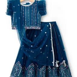 Babyhug Net Woven Half Sleeves Choli Lehenga & Dupatta Set With Sequin Embriodery - Blue-picture-25