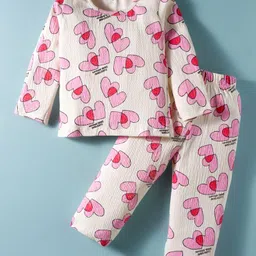 Evimo Single Jersey Knit Full Sleeves Co-ords Night Suit With Heart Print - Pink-picture-17