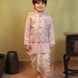 AJ Dezines Cotton Blend Woven Full Sleeves Solid Kurta Dhoti With Floral Printed Jacket Set - Pink-picture-20