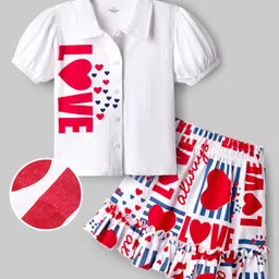 OLLINGTON ST. Cotton Half Sleeves Front Open Top & Knit Skirt with Hearts Print - White & Red image 2
