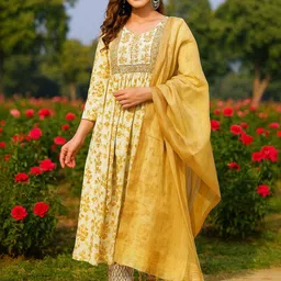 Tulsattva Women Floral Printed Empire Mirror Work Kurta with Trousers & With Dupatta image 5