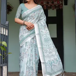 ALMAARI FASHION Floral Printed Pure Linen Handloom Banarasi Saree-picture-12