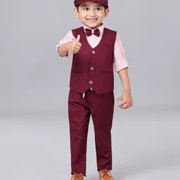 Robo Fry Woven Full Sleeves Striped 3 Piece Party Suit With Bow & Cap - Maroon-picture-11