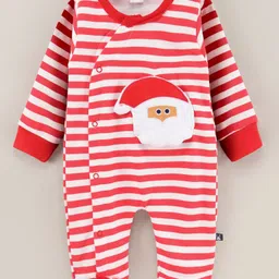 Little Folks Full Sleeves Striped & Santa Claus Patch Romper - Red-picture-10