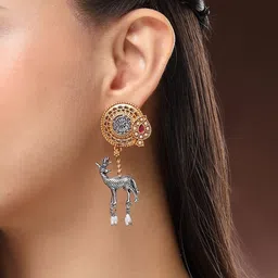 ZENEME Gold Plated Deer Shaped Pearls Beaded Oxidised Drop Earrings image 4