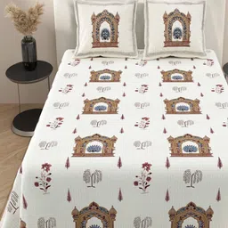 INDRA'S Off White & Blue Ethnic Motifs 160 TC King Bedsheet with 2 Pillow Covers image 4