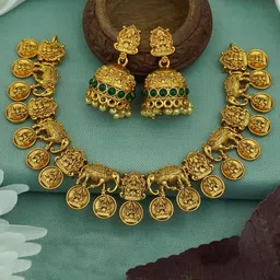 Diksha collection Brass-Plated Stone Studded & Beaded Matte Finish Temple Jewellery Set-picture-55