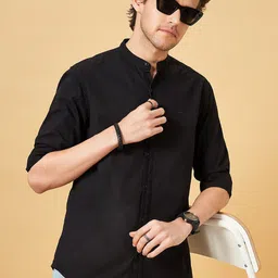 People Men Band Collar Solid Cotton Relaxed Fit Casual Shirt-image-43