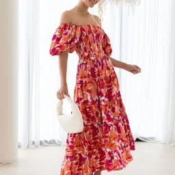 bebe Floral Printed Off-Shoulder Flutter Sleeve Fit & Flare Midi Dress image 4