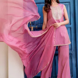 Anouk Mirage Women Ethnic Motifs Embroidered Regular Thread Work Silk Chiffon Kurti with Palazzos & With-image-11