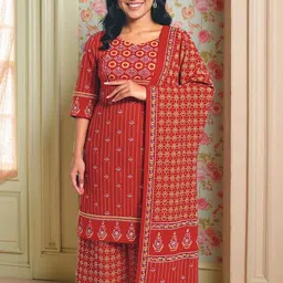 KYVO Women Ethnic Printed Straight Kurta With Trouser & Dupatta-image-48