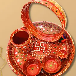 BAISA 6Pcs Red & Yellow Metal Pooja Thali Set-image-96