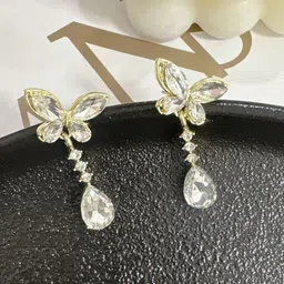 DIVASTRI Gold Plated American Diamond Studded Quirky Korean Drop Earrings image 5