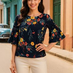 CORSICA Women Navy Blue Printed Polyester Tops-picture-34