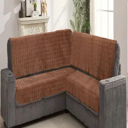 Fashion Throw Brown 4 Pieces Self Design L-Shaped Velvet Sofa Covers-image-71