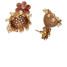 Anouk Gold-Plated Artificial Stone Studded and Beaded Pearls Beaded Dome Jhumkas image 5