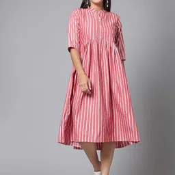 Moda Rapido Striped Mandarin Collar A Line Pure Cotton Dress-picture-42