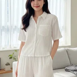 DressBerry Women Textured Shirt Collar Co-Ord Set-image-47