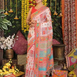 Astita Ethnic Motifs Printed Linen Cotton Saree With Unstitched Blouse Piece image 5