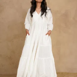 Tailor Didi Women Puff Sleeve Layered Organic Cotton Empire Maxi Dress-picture-16