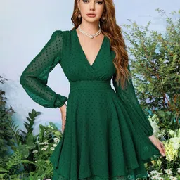 KPOP V-Neck Solid Puff Sleeve Fit & Flare Dress-image-8