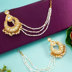 Anouk Gold-Plated Pearls Beaded And Stones Studded Chandbalis With Earchain image 1