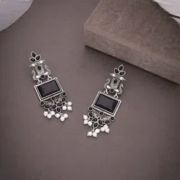 Brado Jewellery Stones Studded and Pearls Beaded Square Oxidised Drop Earrings image 2