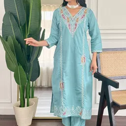BAESD Embroidered Chanderi Silk Straight Kurta With Trousers & Dupatta image 4