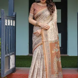 ALMAARI FASHION Ethnic Motifs Printed Pure Cotton Jamdani Saree & Unstitched Blouse Piece image 2