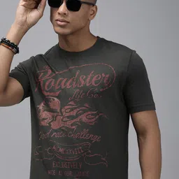 Roadster Men Charcoal Grey & Maroon Brand Logo Printed Pure Cotton T-shirt-picture-38