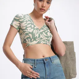 DressBerry Dynamic Abstracts Tie-Up Detail Front-Open Crop Wrap Top-picture-23