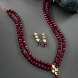 Peora Kundan Faux Pearl Maroon Necklace & Drop Earrings Ethnic Jewellery Set-picture-13