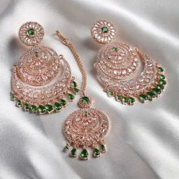 Zeneme Rose Gold Plated Green AD Contemporary Earring & Maang Tikka Set-picture-29
