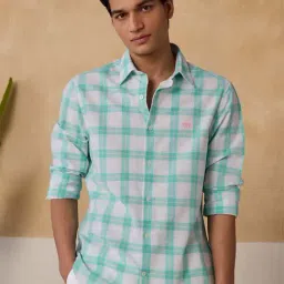 Andamen Green Cotton Slim Fit Checks Shirt-picture-18