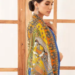 Satrani Cream & Blue Pure Cotton Printed Saree With Unstitched Blouse image 5