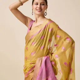 Satrani Mustard Yellow & Pink Cotton Silk Woven Saree With Unstitched Blouse image 5