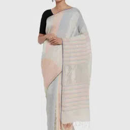 Fabindia Blue & Beige Linen Printed Saree-picture-10