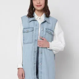 Vero Moda Blue Sleeveless Cotton Denim Shirt-image-18