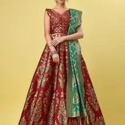 PURVAJA Maroon Floral Print Stitched Lehenga & Unstitched Blouse With Dupatta-image-67