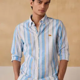 Andamen Blue Cotton Slim Fit Striped Shirt-image-44