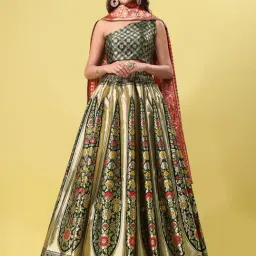 PURVAJA Green Floral Print Stitched Lehenga & Unstitched Blouse With Dupatta-image-21