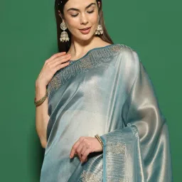 Saree Mall Blue Embellished Sarees With Unstitched Blouse image 5