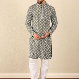 House of Pataudi Geometric Embroidered Mandarin Collar Straight Kurta-picture-20