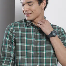 The Indian Garage Co Men Charcoal Grey & Green Checked Pure Cotton Casual Shirt-picture-20