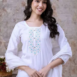 Auzanoor Collection Floral Embroidered Pure Cotton Straight Kurta With Trousers & Dupatta-image-3